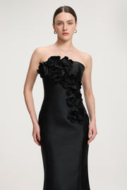 3D Floral - Embellished Strapless Satin Mermaid Maxi Dress